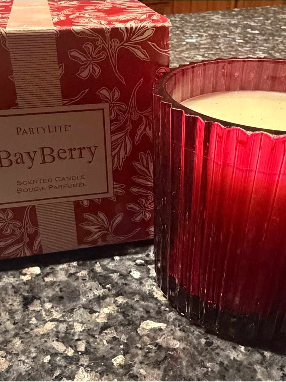 PartyLite BayBerry Scented Candle in Deep Red Ribbed Glass Jar